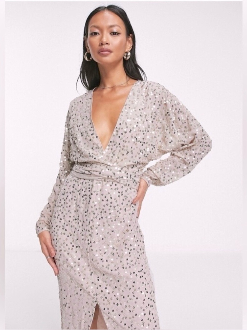 ASOS- Sequin Plunge V-Neck Long Sleeve Midi Dress in Blush- NWT $39